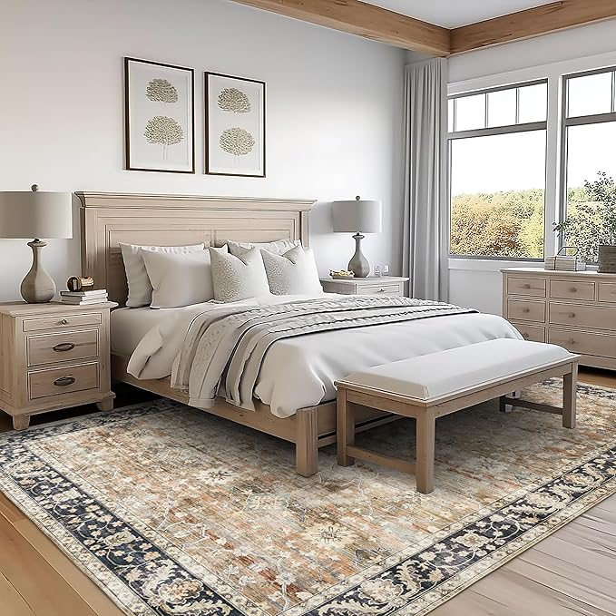 ReaLife Machine Washable Area Rug - Living Room Bedroom Bathroom Kitchen Entryway Office - Padded Low Pile Stain Resistant Premium - Boho Farmhouse Vintage - BEV - Beige Tan Brown 7'6" x 9'6"