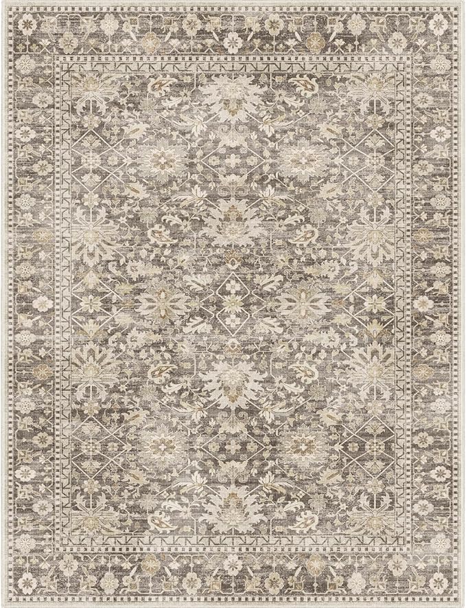 7X9 Area Rugs Machine Washable Rugs for Living Room Bedroom Hallway, Non Slip Indoor Soft Accent Distressed Boho Vintage Print Lightweight Thin Low Pile Carpet (Coffee, 7x9)