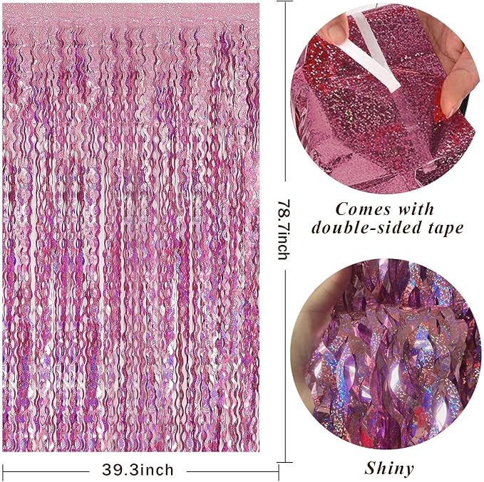 Pink Streamers Fringe Backdrop Tinsel Foil Fringe Curtains Wavy Backdrop for Parties Sparkle Metallic Wavy Foil Fringe Backdrop Curtain Photo Booth Props for Birthday Wedding