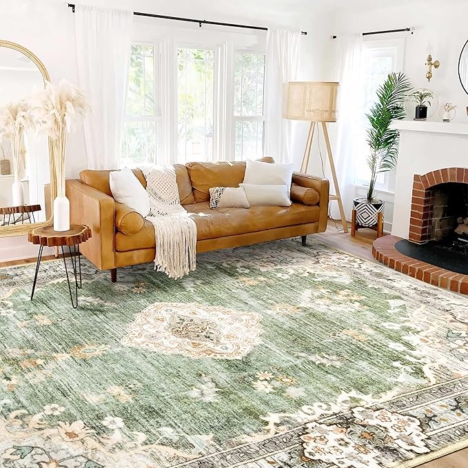 MUJOO 9’x12’ Area Rug Large Rugs for Living Room Green Rug for Bedroom Dining Room Boho Rug Washable Rug Non Slip Big Carpet Abstract Soft Low-Pile Floral Flowers