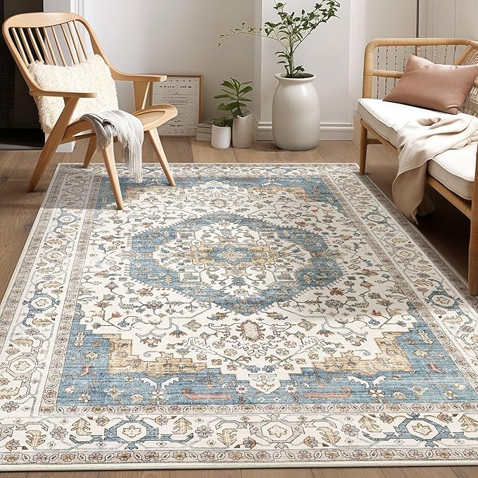 Area Rug for Living Room - 7x9 Soft Washable Oriental Vintage Floral Distressed Large Carpet - Fade Stain Resistant Non Slip Rugs for Bedroom Dining Room Nursery Dorm Office Home Decor - Blue/Beige