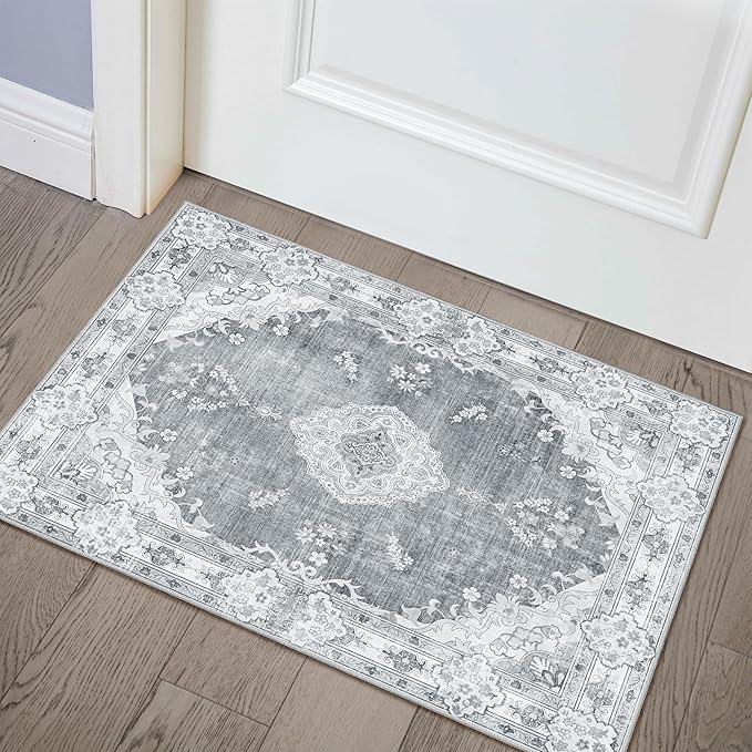 MUJOO Grey Rug 2'x3',Small Washable Area Rugs for Entryway Kitchen Bathroom Bedroom,Boho Vintage Bohemian Distressed Farmhouse Non Slip Carpet, Floral