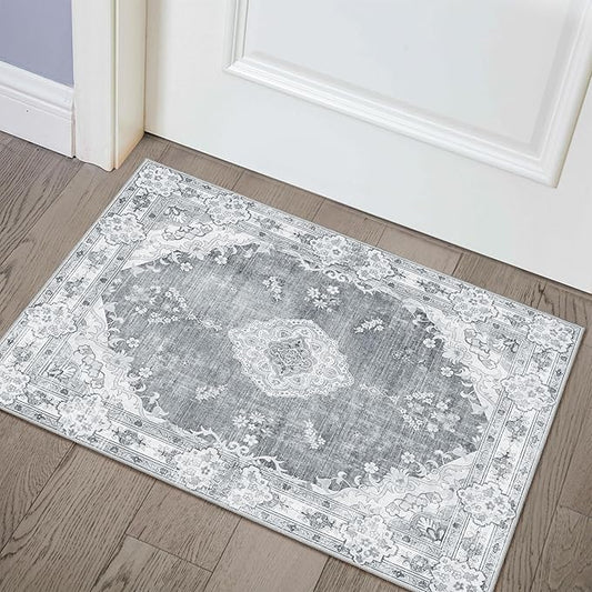 MUJOO Grey Rug 2'x3',Small Washable Area Rugs for Entryway Kitchen Bathroom Bedroom,Boho Vintage Bohemian Distressed Farmhouse Non Slip Carpet, Floral