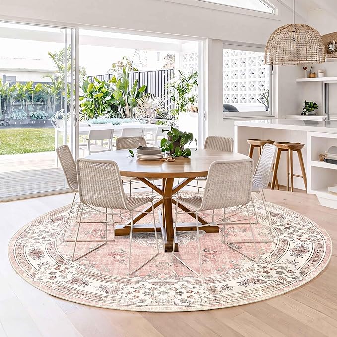 MUJOO Pink Round Rug 6ft,Circle Washable Area Rugs for Bedroom Living Room Bathroom,Boho Large Non Slip Circular Carpet,Blush Floral