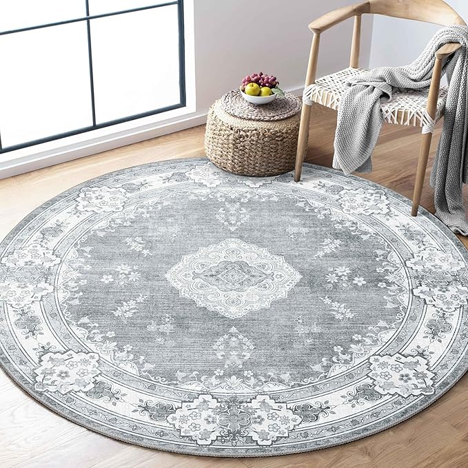MUJOO Grey Round Rug 4ft,Circle Washable Area Rugs for Bedroom Living Room Bathroom,Vintage Bohemian Distressed Farmhouse Non Slip Circular Carpet,Floral