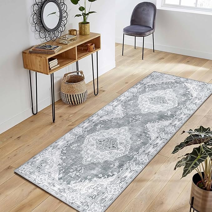 MUJOO Grey Runner Rug 2'x6', Long Washable Rug Runners for Hallways Entryway Kitchen Bathroom Bedside,Boho Vintage Bohemian Distressed Farmhouse Non Slip Carpet,Floral