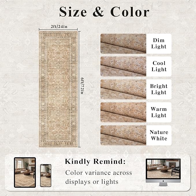 2x6 Runner Rug for Hallways Vintage Distressed Non Slip Long Carpet Floral Boho Distress Print Pattern Mat Lightweight Retro Accent Throw Carpet for Kitchen Bedroom Bedside Laundry Room-Khaki