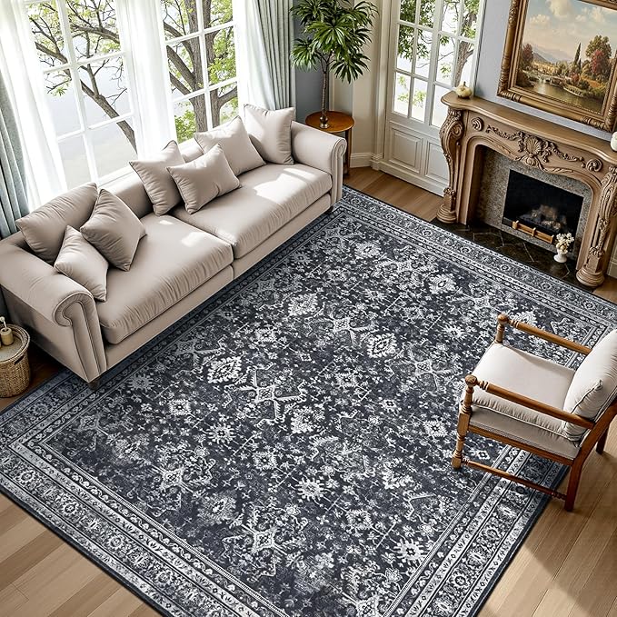 Lofus 5x7 Area Rug for Living Room,Black Washable Area Rugs with Non-Slip Backing,Soft Boho Carpets for Bedroom Dining Room Home Office Indoor Nursery