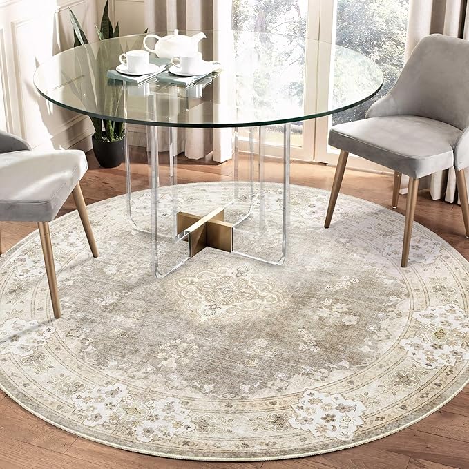 MUJOO Beige Round Rug 5ft,Circle Washable Area Rugs for Bedroom Living Room Bathroom,Boho Vintage Bohemian Distressed Farmhouse Large Non Slip Circular Carpet,Floral