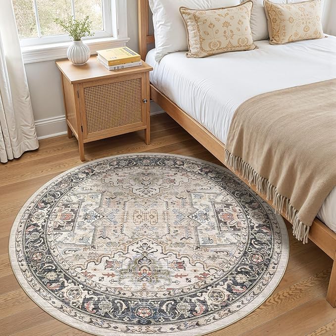 Area Rug for Living Room - 5x5 Large Soft Washable Oriental Vintage Floral Carpet Safe for Babies & Pets - Fade Stain Resistant Non Slip Rugs for Bedroom Dining Room Nursery Dorm Office Home Decor