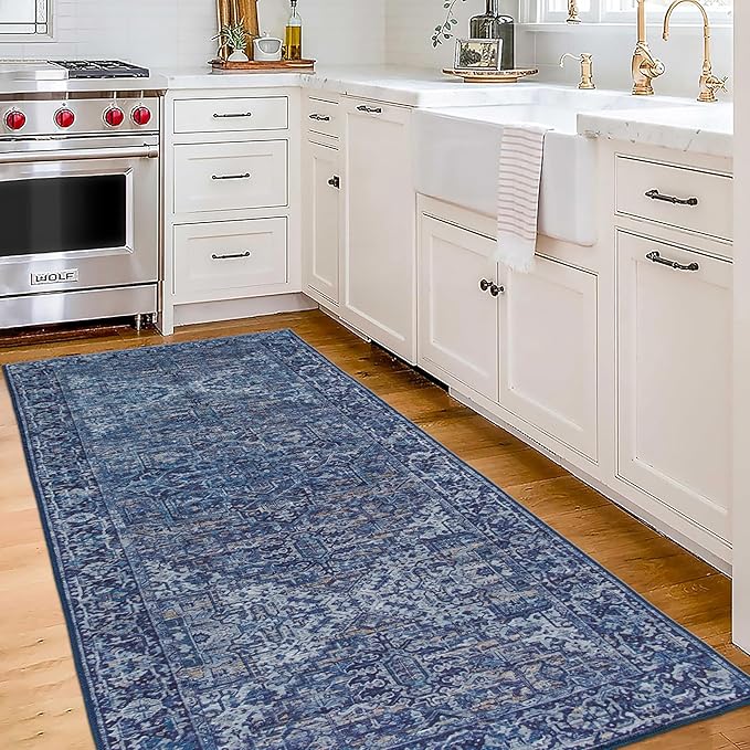 ReaLife Rugs Machine Washable Area Rug Runner - Living Room Bedroom Bathroom Kitchen Entryway Office - Padded Low Pile Stain Resistant Premium - Boho Vintage Traditional - Lyle - Blue 2'6" x 6'