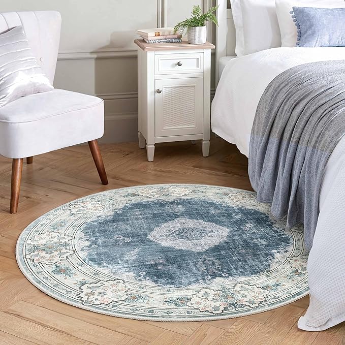 MUJOO Blue Round Rug 4ft,Circle Washable Area Rugs for Bedroom Living Room Bathroom,Boho Small Non Slip Circular Carpet, Floral