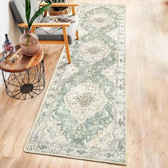 MUJOO Hallway Runner Rug 2'x8' Green Long Rug Runners Boho Machine Washable Non Slip Carpet for Entryway Kitchen Bathroom Bedside Retro Soft Low-Pile Blossom