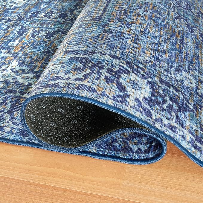 ReaLife Rugs Machine Washable Area Rug - Living Room Bedroom Bathroom Kitchen Entryway Office - Padded Low Pile Stain Resistant Premium - Boho Vintage Traditional - Lyle - Blue 5' x 7'