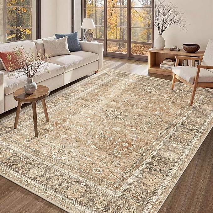 HelloTree Washable Rugs 6x9 Area Rug for Living Room, Vintage Boho Khaki Rug Non Slip Carpet Retro Accent Indoor Mat Print Distressed Low Pile Throw Large Rug for Office Bedside-Khaki