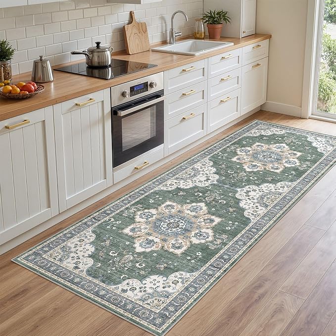 Area Rug for Entryway - 3x8 Soft Washable Oriental Vintage Floral Distressed Large Carpet - Fade Stain Resistant Non Slip Rugs for Bedroom Dining Room Nursery Dorm Office Home Decor - Green