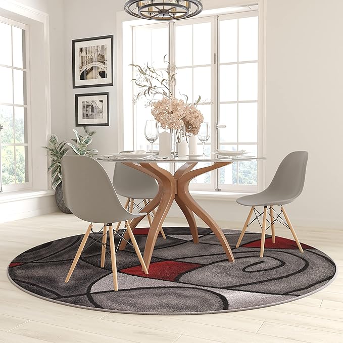 Masada Masada Rugs Trendz Collection 7'x7' Round Modern Contemporary Round Area Rug in Red, Gray and Black