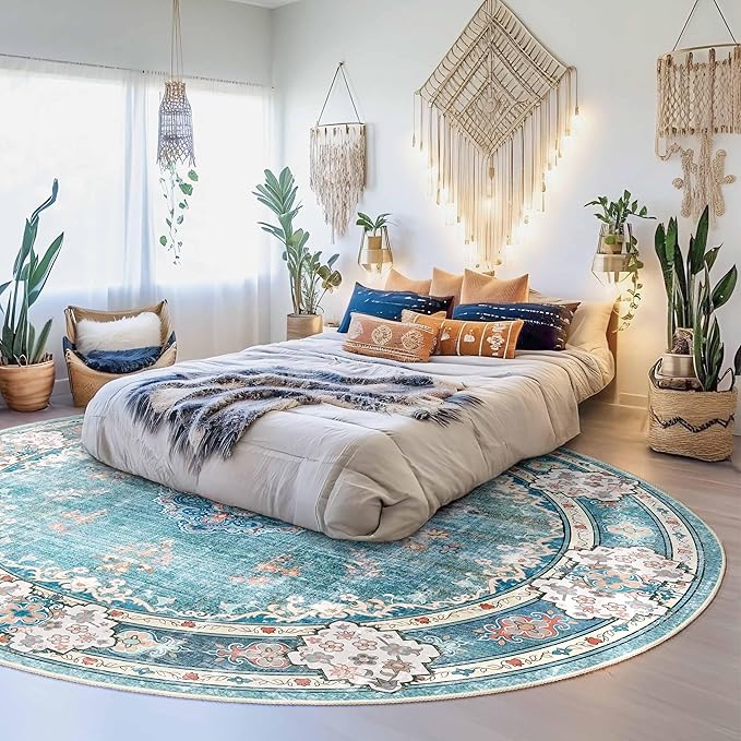 MUJOO Teal Round Rug 9ft,Large Circle Washable Area Rugs for Bedroom Living Room Bathroom,Boho Non Slip Circular Carpet,Floral