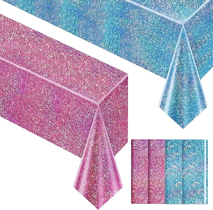 4 Pcs Pink&Blue Holographic Laser Tablecloths Iridescence Shiny Table Covers 40" x 108" Foil Rectangle Table cloths for Baby Shower Undersea Ocean Birthday Party Winner Wedding Party Décor
