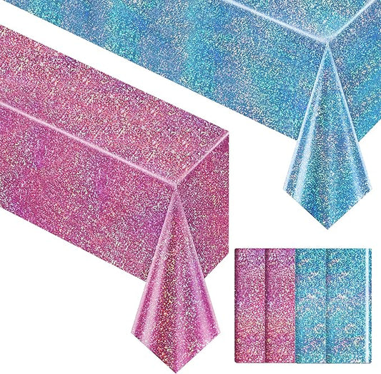 4 Pcs Pink&Blue Holographic Laser Tablecloths Iridescence Shiny Table Covers 40" x 108" Foil Rectangle Table cloths for Baby Shower Undersea Ocean Birthday Party Winner Wedding Party Décor