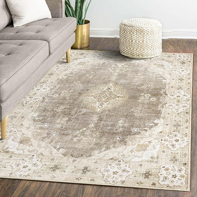 MUJOO Area Rugs 5'x7'Beige,Boho Rug for Bedroom Living Room Dining Room, Large Machine Washable Non Slip Carpet Vintage Bohemian Distressed Farmhouse,Floral
