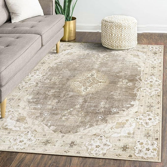MUJOO Area Rugs 5'x7'Beige,Boho Rug for Bedroom Living Room Dining Room, Large Machine Washable Non Slip Carpet Vintage Bohemian Distressed Farmhouse,Floral