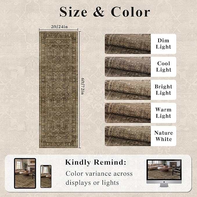 2x6 Runner Rug for Hallways Vintage Distressed Non Slip Long Carpet Floral Boho Distress Print Pattern Mat Lightweight Retro Accent Throw Carpet for Kitchen Bedroom Bedside Laundry Room-Brown ﻿