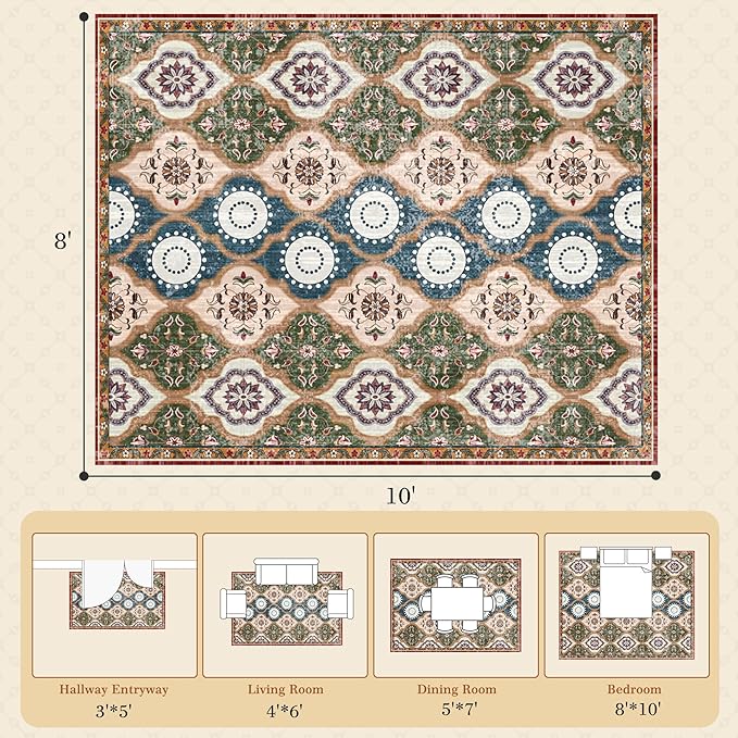EnHomee 8x10 Area Rug, Soft Washable Rugs for Living Room Bedroom, Boho Non Slip Low Pile Stain Resistant Washable Rug Large Area Rugs for Dining Room,Easy to Clean Living Room Rug, Red & Green