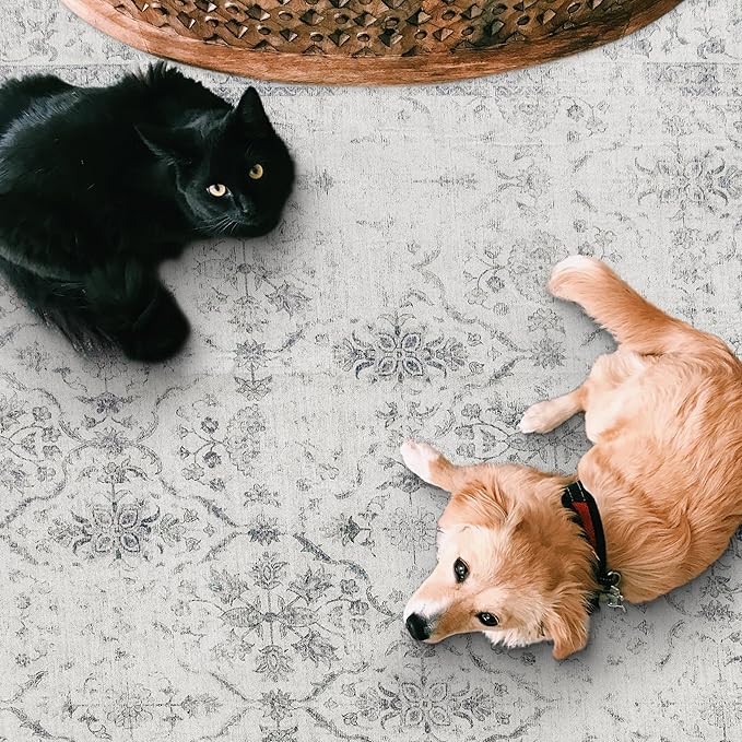 ReaLife Rugs Machine Washable Area Rug Runner - Living Room Bedroom Bathroom Kitchen Entryway Office - Padded Low Pile Stain Resistant Premium - Boho Farmhouse Vintage - Noor - Ivory Grey 2'6" x 8'