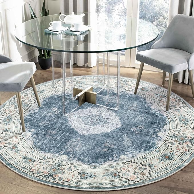 MUJOO Blue Round Rug 5ft,Circle Washable Area Rugs for Bedroom Living Room Bathroom,Boho Large Non Slip Circular Carpet,Floral