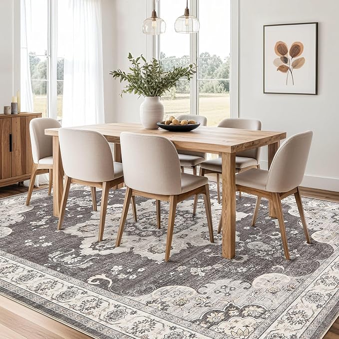 Area Rug for Living Room - 6x9 Soft Washable Oriental Vintage Floral Distressed Large Carpet - Fade Stain Resistant Non Slip Rugs for Bedroom Dining Room Nursery Dorm Office Home Decor - Brown/Grey