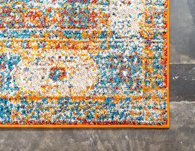 Unique Loom Rosso Collection Traditional, Vintage, Medallion, Border, Distressed, Southwestern Area Rug, 5 ft x 8 ft, Ivory/Blue