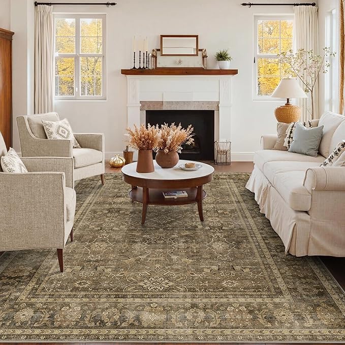 HelloTree Washable Rugs 5x7 Area Rug for Living Room, Vintage Boho Brown Rug Non Slip Carpet Retro Accent Indoor Mat Print Distressed Low Pile Throw Large Rug for Office Bedside-Brown