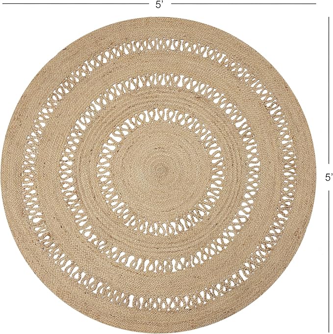 REDEARTH · Round Area Rug - 5 Feet Braided Scalloped Earthy Trails Jute Rug- Artisan Made Boho Jute Patterned Rugs for Bedroom, Kitchen, Living Room, Farmhouse, Aesthetic, Handmade Vintage Décor