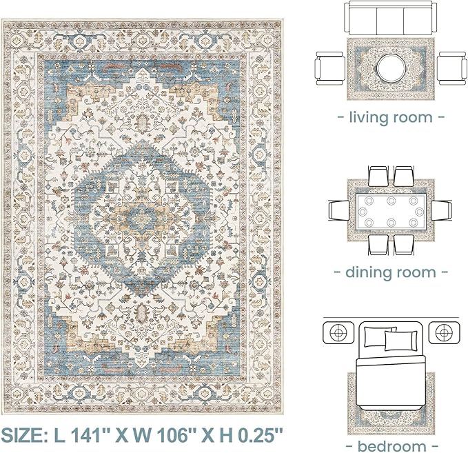 Area Rug for Living Room - 9x12 Soft Washable Oriental Vintage Floral Distressed Large Carpet - Fade Stain Resistant Non Slip Rugs for Bedroom Dining Room Nursery Dorm Office Home Decor - Blue/Beige