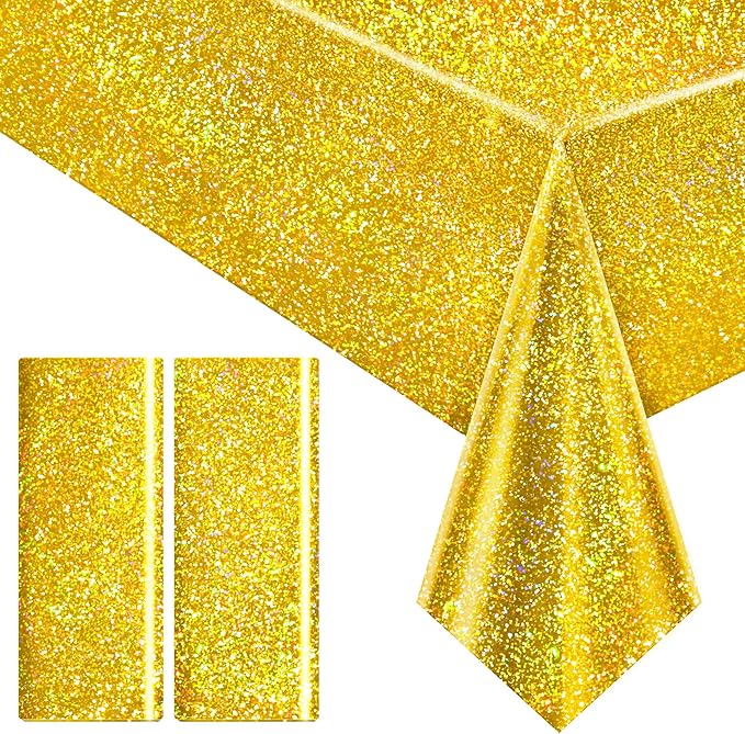 2 pcs Gold Holographic Party Tablecloths 40" x 108" Laser Shiny Table Cloths Plastic Glitter Foil Table Cover for Christmas Wedding Graduation Baby Shower 1920s Birthday Party Anniversary Supplies