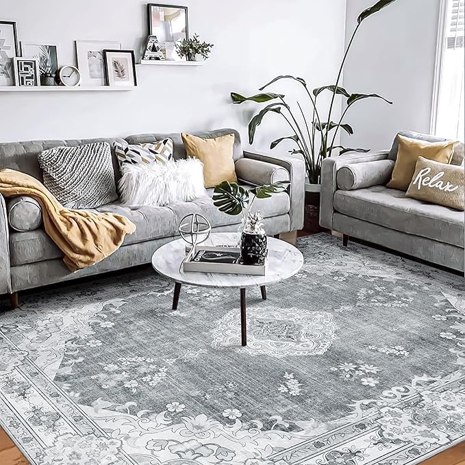 MUJOO Grey Rug 8'x10' Area Rugs for Living Room Bedroom Dining Room,Large Washable Boho Bohemian Vintage Distressed Farmhouse Non Slip Carpet, Floral Flowers