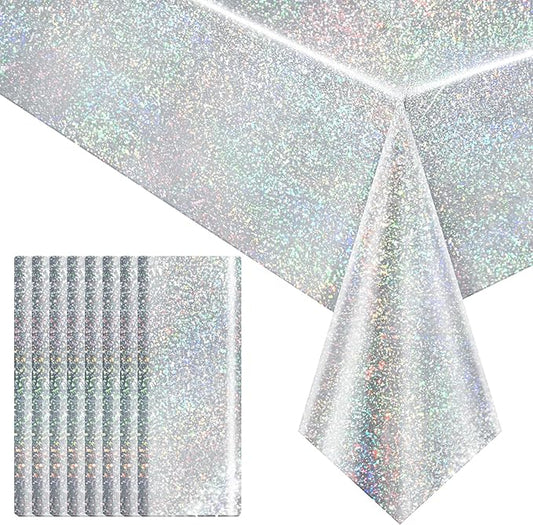 8 pcs Silver Holographic Tablecloths Shiny Disco Laser Table Cloths 40" x 108" Iridescence Plastic White Table Cover for Birthday Party Decoration Wedding Christmas Winter Grad Party Supplies