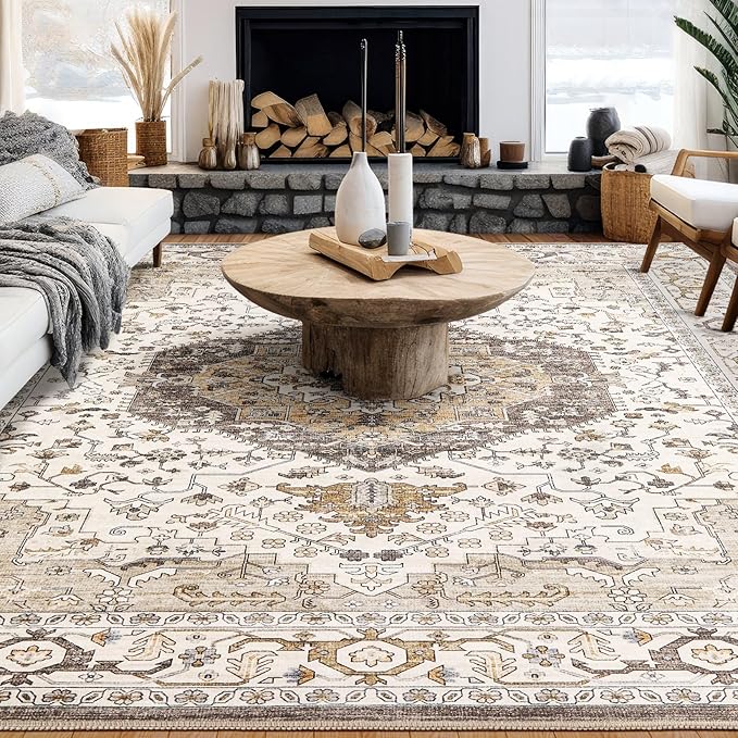 Area Rug for Living Room - 9x12 Soft Washable Oriental Vintage Floral Distressed Large Carpet - Fade Stain Resistant Non Slip Rugs for Bedroom Dining Room Nursery Dorm Office Home Decor-Camel/Beige