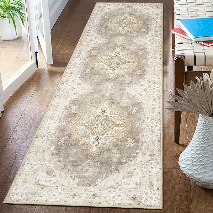 MUJOO Hallway Runner Rug 2'x8' Beige,Long Boho Rug Runners Washable Non Slip Carpet for Entryway Kitchen Bathroom Bedside,Vintage Bohemian Distressed Farmhouse Non Slip Carpet,Floral
