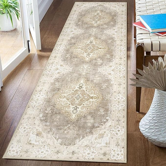 MUJOO Hallway Runner Rug 2'x8' Beige,Long Boho Rug Runners Washable Non Slip Carpet for Entryway Kitchen Bathroom Bedside,Vintage Bohemian Distressed Farmhouse Non Slip Carpet,Floral