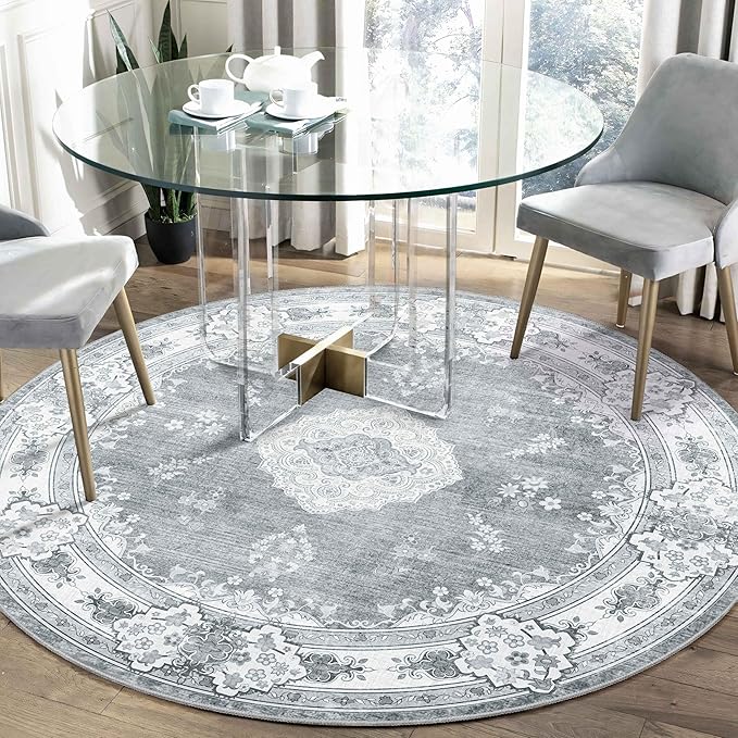 MUJOO Grey Round Rug 5ft,Circle Washable Area Rugs for Bedroom Living Room Bathroom,Boho Vintage Bohemian Distressed Farmhouse Large Non Slip Circular Carpet,Floral