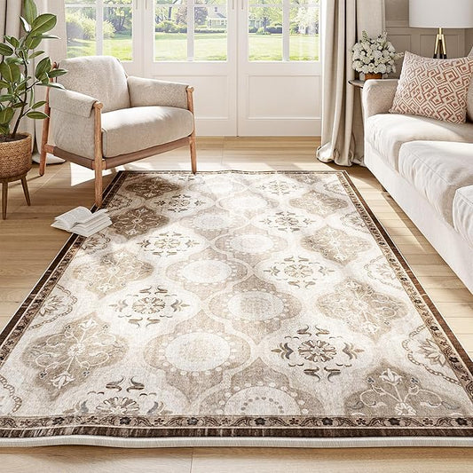 EnHomee Area Rugs 3x5, Soft Washable Rugs for Living Room Bedroom, Boho Non Slip Low Pile Stain Resistant Washable Rug Large Carpet for Dining Room,Easy to Clean Living Room Rug, Khaki