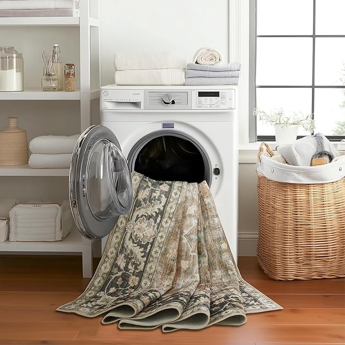 ReaLife Rugs Machine Washable Area Rug Runner - Living Room Bedroom Bathroom Kitchen Entryway - Padded Low Pile Stain Resistant Premium - Boho Farmhouse Vintage - BEV - Beige Tan Brown 2'6" x 6'