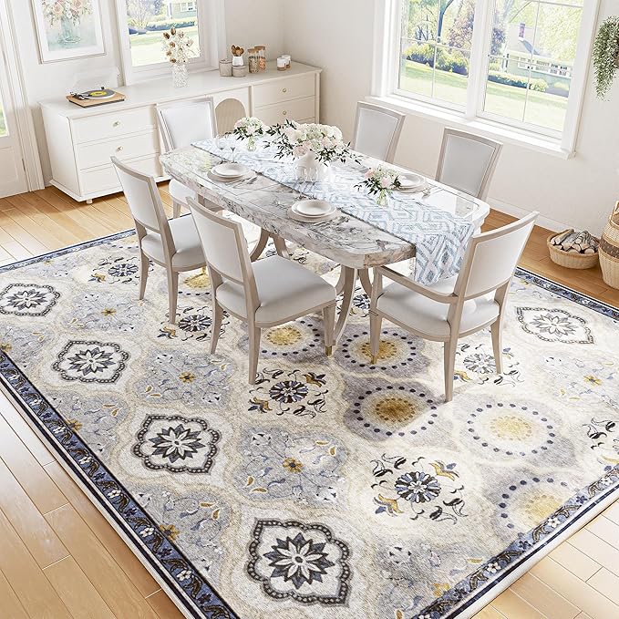 EnHomee 8x10 Area Rug, Soft Washable Rugs for Living Room Bedroom, Boho Non Slip Low Pile Stain Resistant Washable Rug Large Area Rugs for Dining Room,Easy to Clean Living Room Rug, Blue
