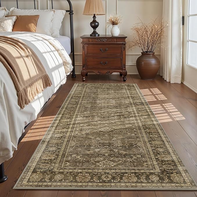 2.6x8 Runner Rug for Hallways Vintage Distressed Non Slip Long Carpet Floral Boho Distress Print Pattern Mat Lightweight Retro Accent Throw Carpet for Kitchen Bedroom Bedside Laundry Room-Brown ﻿