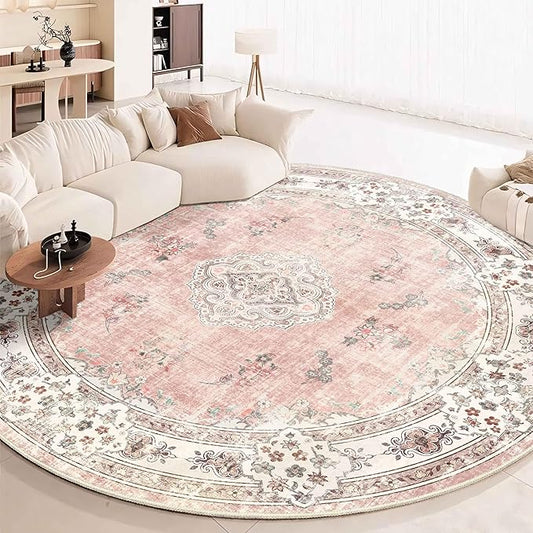 MUJOO Pink Round Rug 9ft,Large Circle Washable Area Rugs for Bedroom Living Room Bathroom,Boho Non Slip Circular Carpet,Blush Floral