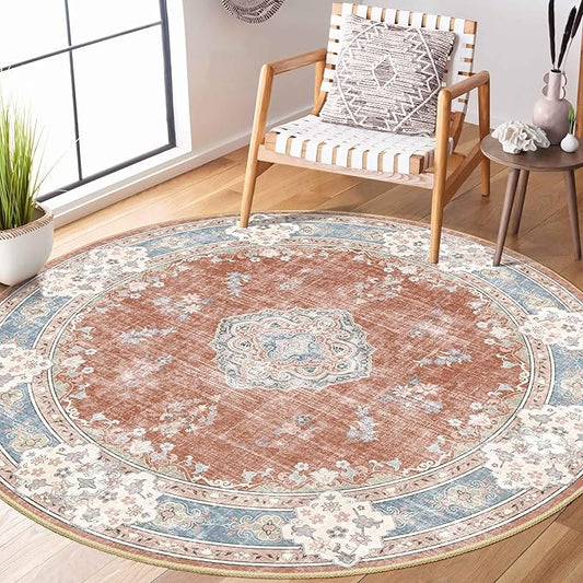 MUJOO Boho Round Rug 5ft,Circle Washable Area Rugs for Bedroom Living Room Bathroom, Large Vintage Distressed Non Slip Circular Carpet,Orange Navy Blue Floral