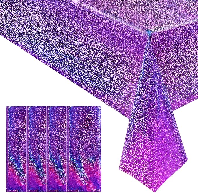 4 pcs Purple Holographic Laser Tablecloths Iridescence Shiny Table Covers 40" x 108" Foil Disposable Rectangle Table cloths for Halloween Bachelorette Birthday Party Wedding Anniversary Decor