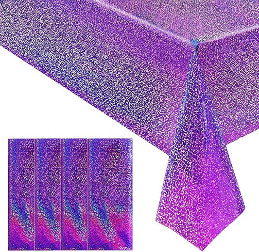 4 pcs Purple Holographic Laser Tablecloths Iridescence Shiny Table Covers 40" x 108" Foil Disposable Rectangle Table cloths for Halloween Bachelorette Birthday Party Wedding Anniversary Decor